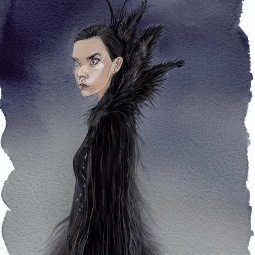 Image similar to full body detailed watercolor illustration of alien jennifer connelly mixed with anya taylor - joy, reading a book, unsettling, hooded long black feathered cloak, uncanny valley, with black feathers instead of hair, gothic, guillermo del toro, gray mottled skin, pale and sickly, profile view, - - ar 9 : 1 6