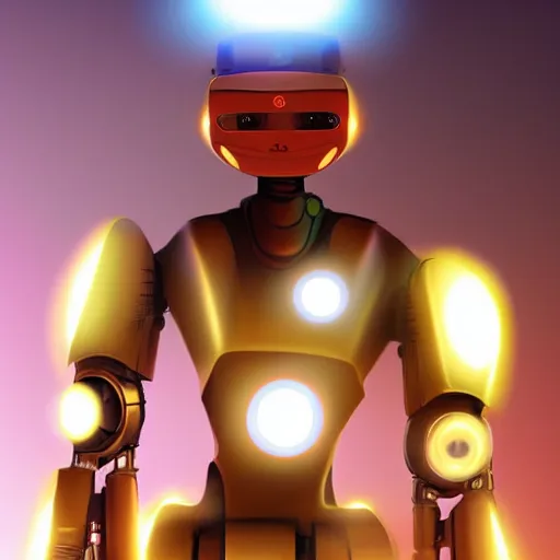 Image similar to a red humanoid robot, sci-fi concept art, photorealistic, leds, lens flare