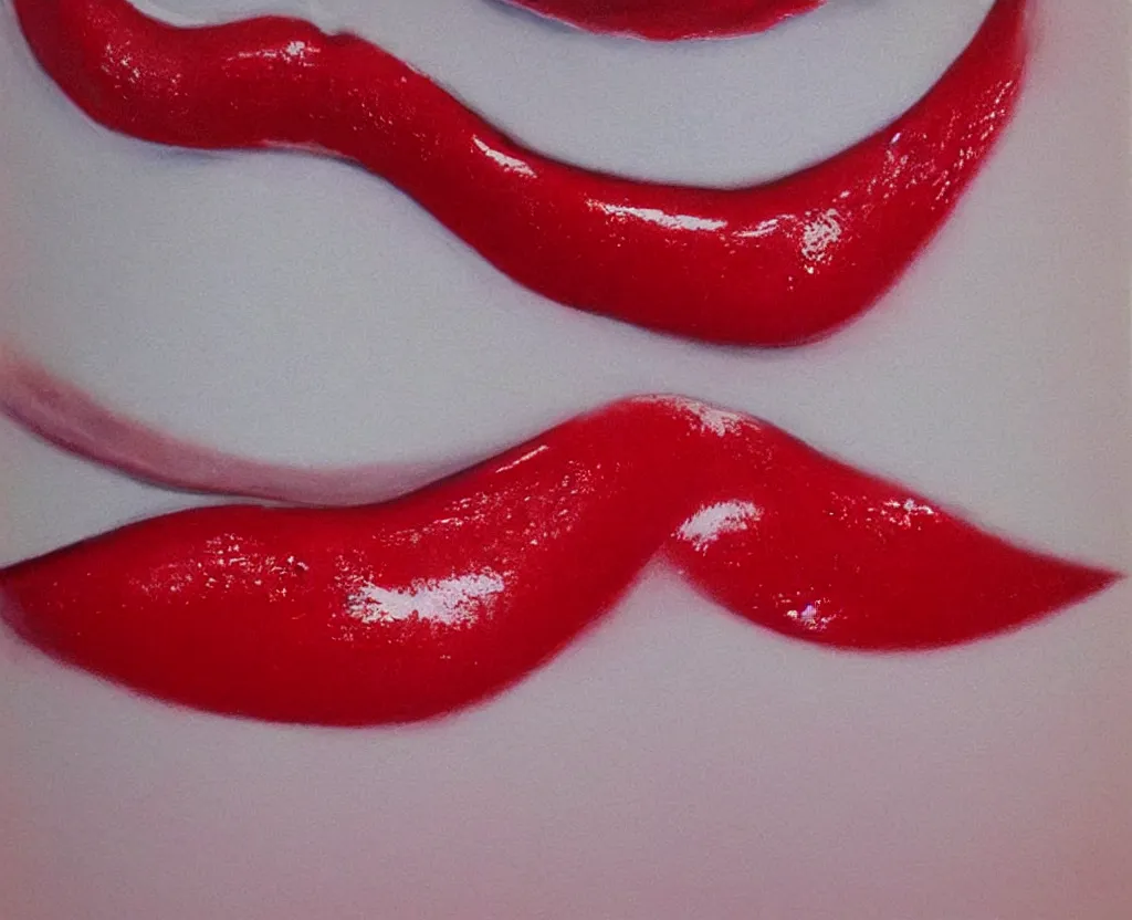 Image similar to realistic and detailed soft airbrush of a glossy scarlet red mouth on white background, inspired by 8 0's airbrush illustrations, art by pater sato