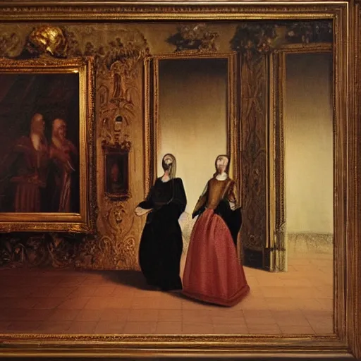 Prompt: oil on canvas painting no frame. two women in a vast castle lobby wearing fine clothes, two men looking at one of her in the distance. dark room with light coming through the right side of the place. baroque style 1 6 5 6. high quality painting, no distortion on subject faces.
