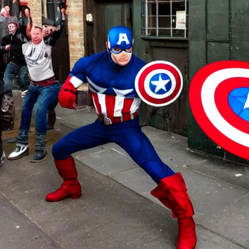 Prompt: photo of captain america fighting the english defence league in a british pub