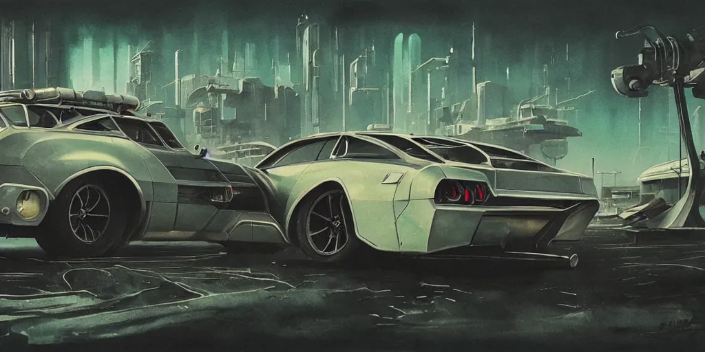 Image similar to vintage muscle car design, futuristic, kyza, ash thorp, simon stalenhag, hard surface, cyberpunk , sci-fi, wide body, sport car, exotic, in watercolor gouache detailed paintings