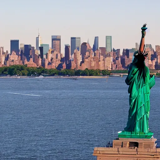 Prompt: two statues of liberty stand side by side with new york city in the background