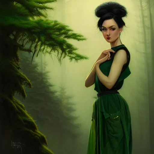 Prompt: gorgeous female Jade Tailor, realistic character concept, black hair, green dress, forest, trees, medium shot, shorter neck, illustration, symmetrical face and body, cinematic lighting, symmetrical eyes, artgerm, Tom Bagshaw, Norman Rockwell, single face, insanely detailed and intricate, beautiful