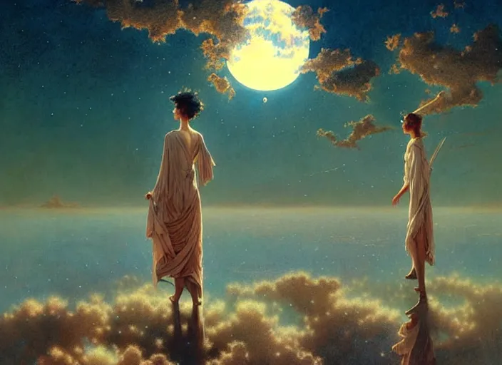 Image similar to the sky is crowded with sun pattern. a thousand identical moon in the sky, hyperrealism, no blur, ultra detailed, style of carlos schwabe, dariusz zawadzki, tom bagshaw, tom bagshaw, ismail inceoglu, robert mccall