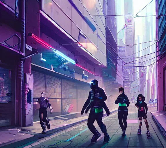 Image similar to cyberpunk netrunners, street level