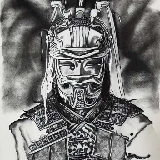 Image similar to intricate, realistic ink drawing of a samurai in a splash of ink, 8 k