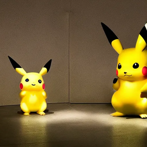 Prompt: Photograph of a full Pikachu archeology fossils, museum, light exposition