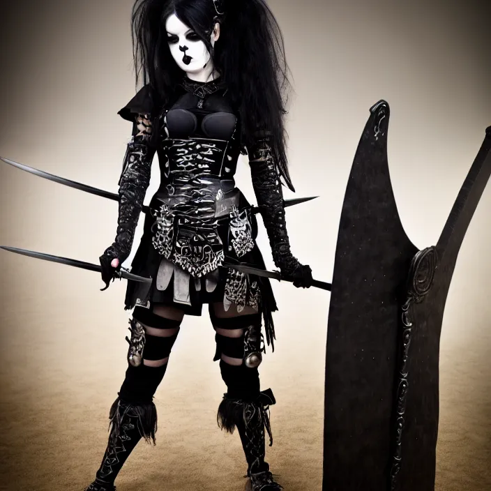 Prompt: professional full length photograph of a beautiful goth warrior. Extremely detailed. 8k