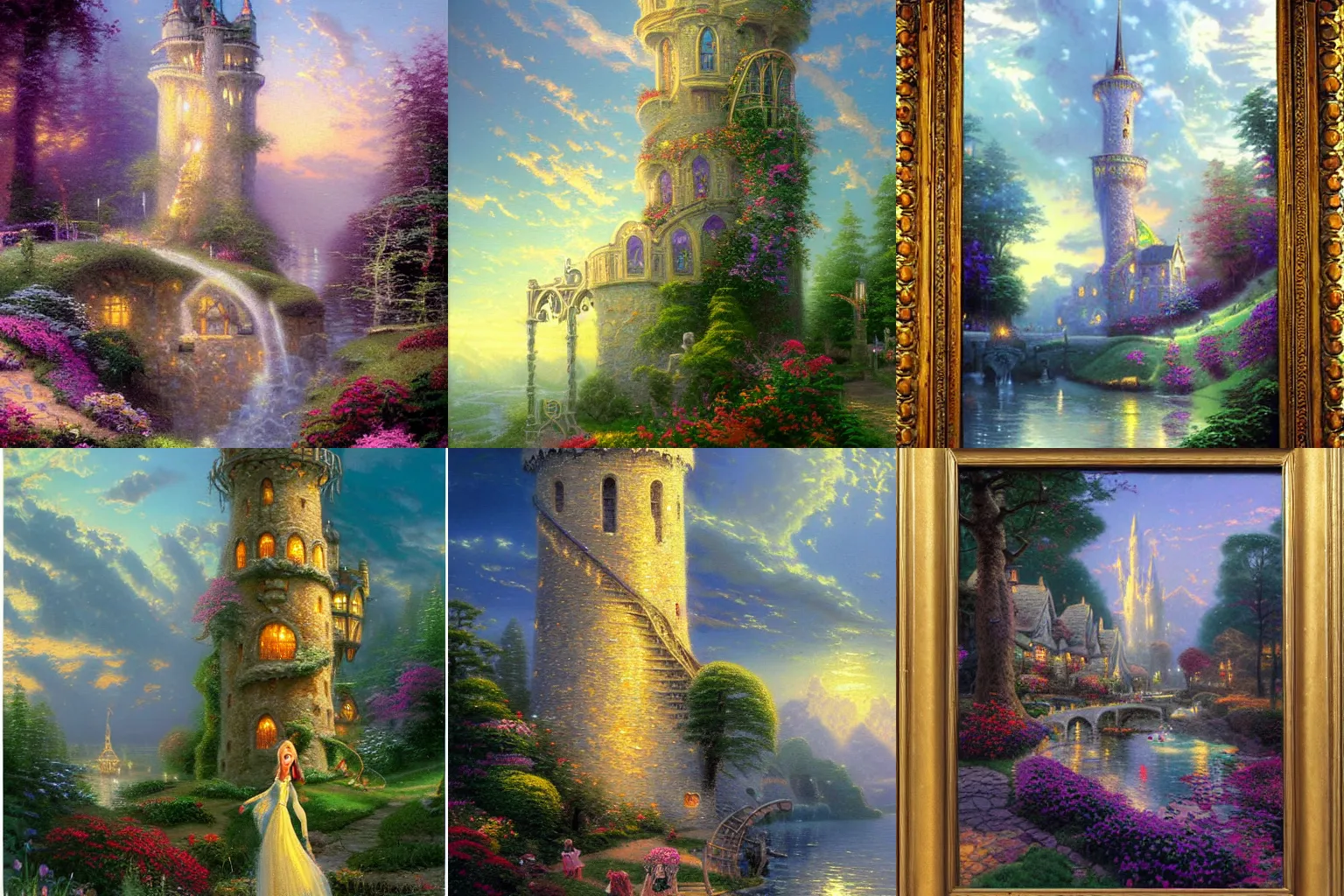 Prompt: thomas kinkade painting of rapunzel's tower with long hair flowing down