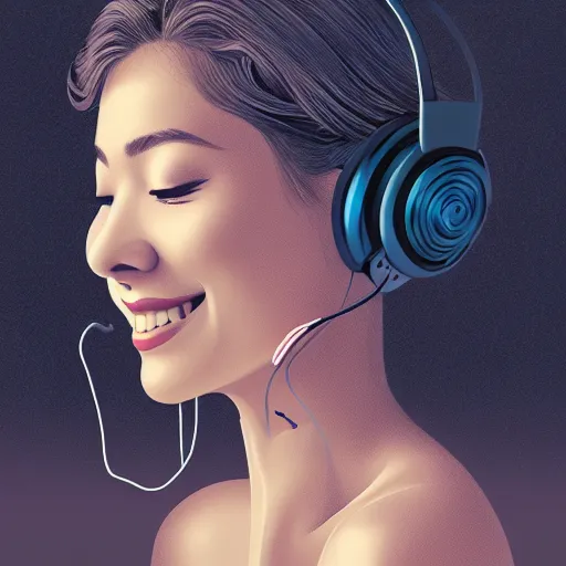 Prompt: an illustration of a beautiful woman listening to music and smiling by Dao Trong Le, highly detailed, digital art, trending on artstation