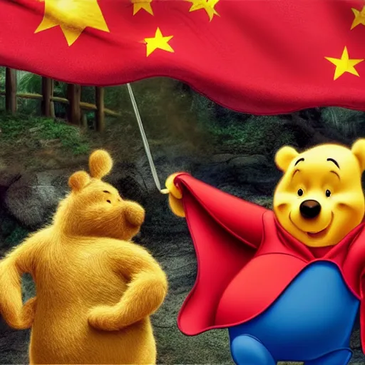 Image similar to hyperrealistic, hdr, 4 k, 8 k, photograph, cinematic lighting, moody overtones, drawing of winnie the pooh in china, with a chinese flag behind him