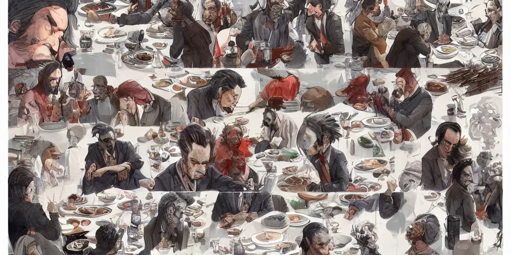 Image similar to cartoonish many sides of nick cave eating dinner, vivid colors, character sheet, fine details, concept design, contrast, kim jung gi, greg rutkowski, trending on artstation, 8 k, full body, turnaround, front view, back view, ultra wide angle