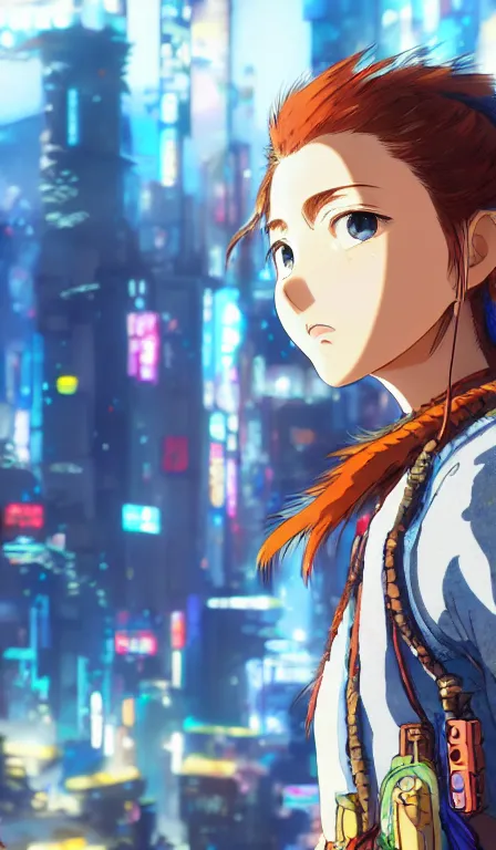 Image similar to anime fine details portrait of Aloy in front of cyberpunk moder city landscape on the background deep bokeh, close-up view, anime masterpiece by Studio Ghibli. 8k, sharp high quality anime, artstation