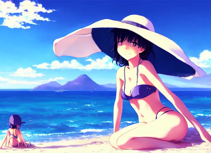 Image similar to a cute girl in a bikini and sunhat sitting on a towel on the beach, rocky mountains far in the distance, fluffy clouds on the horizon, by makoto shinkai an krenz cushart