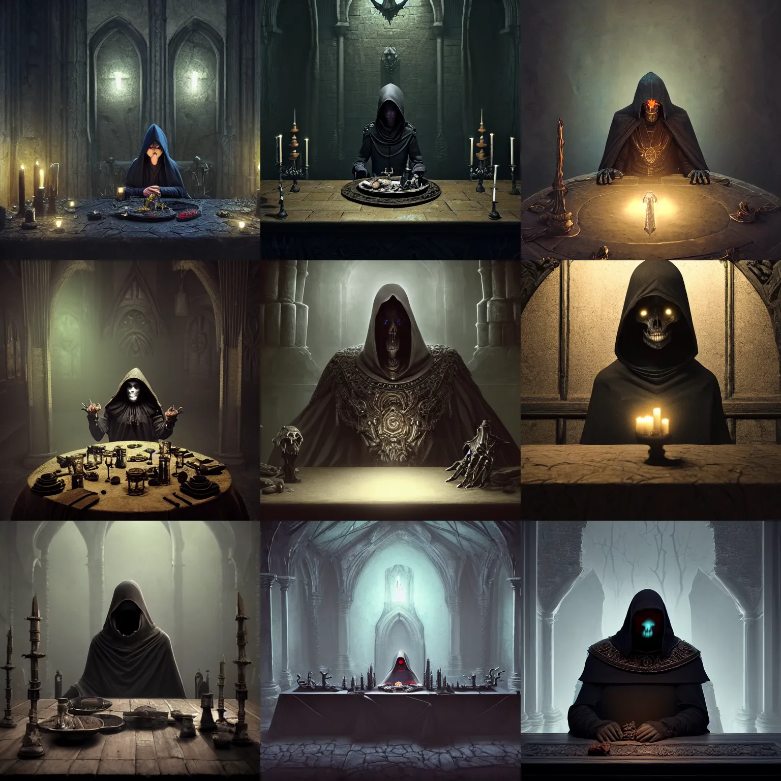 Prompt: necromancer sitting at table, wearing a dark ornate hood, close-up, dark stone room, filled with shadows, fantasy, low visibility, low brightness, gray stone, oppressive, shadows, crypt, midnight, 4k, bones, very realistic, octane render, dark colors, matte colors, by Jessica Rossier, by artgerm