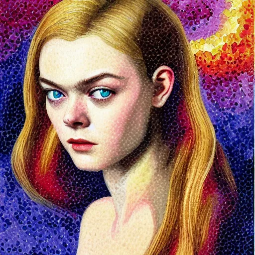 Image similar to professional painting of Elle Fanning in Metal Gear Solid in the style of Henri-Edmond Cross, head and shoulders portrait, symmetrical facial features, smooth, sharp focus, illustration, intricate, stormy weather, extremely detailed masterpiece,