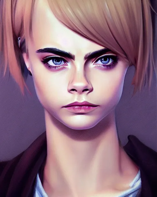 Image similar to portrait of Cara Delevingne as Anime girl cute-fine-face, full body! pretty face, realistic shaded Perfect face, fine details. Anime. realistic shaded lighting by Ilya Kuvshinov Giuseppe Dangelico Pino and Michael Garmash and Rob Rey