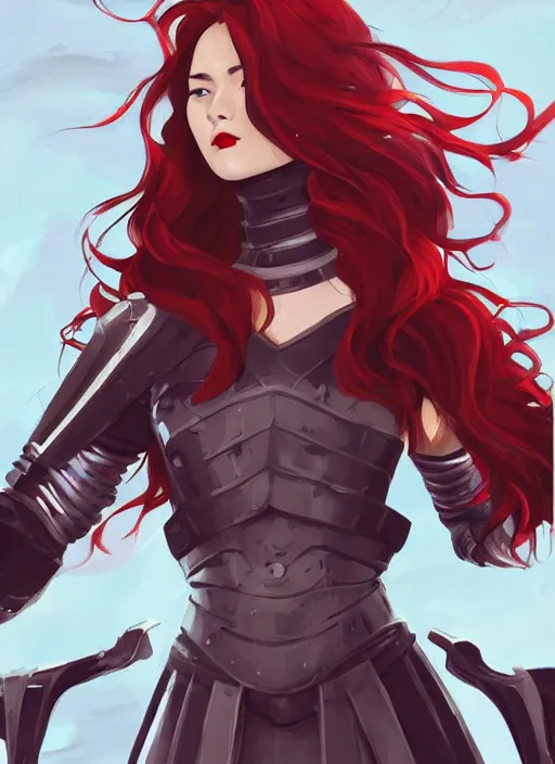 Image similar to a young woman in full plate armor with beautiful hair and red lips stages in a dramatic pose. she is a knight. clean cel shaded vector art. shutterstock. behance hd by lois van baarle, artgerm, helen huang, by makoto shinkai and ilya kuvshinov, rossdraws, illustration, art by ilya kuvshinov