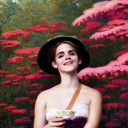 Image similar to thick paint brush strokes full body fashion model smiling emma watson by Jeremy Lipking by Hasui Kawase by Richard Schmid (((smokey eyes makeup eye shadow fantasy, glow, shimmer as victorian woman in a long white frilly lace dress and a large white hat having tea in a sunroom filled with flowers, roses and lush fern flowers ,intricate, night, highly detailed, dramatic lighting))) , high quality