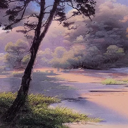 Prompt: A painting of a beautiful scene of nature. The colors are very soft and muted, and the overall effect is one of serenity and peace. The composition is well balanced, and the brushwork is delicate and precise. 1990s by Kim Jung Gi rendering