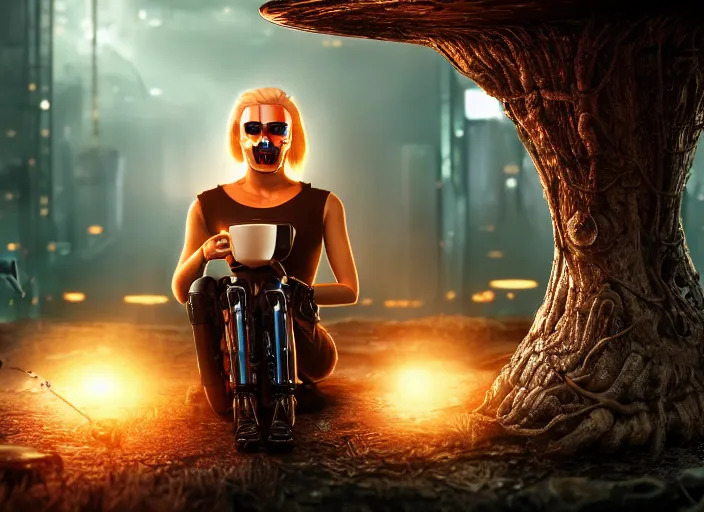 Prompt: photo of an intricate and sophisticated terminator woman with borg enhancements, blonde hair, plastic mask, sitting on a giant mushroom in a weird magical mechanical forest and drinking a cup of tea. Very detailed 8k. Fantasy cyberpunk horror. Sharp. Unreal 5 render with nanite, global illumination and path tracing. Cinematic post-processing