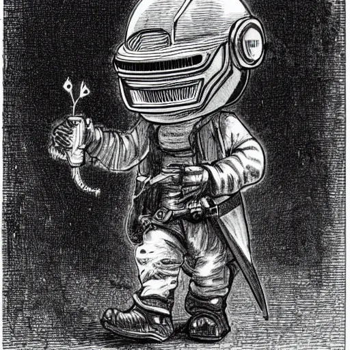 Image similar to sketch of a cute chibi dnd gnome inventor tinkerer wearing a daft punk helmet, walking cautiously, etching by louis le breton, 1 8 6 9, 1 2 0 0 dpi scan