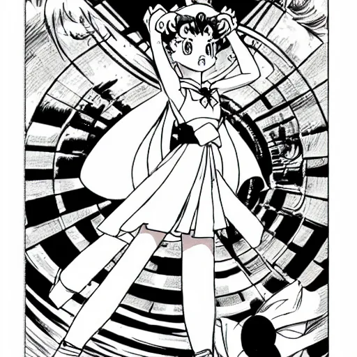 Prompt: sailor moon, illustrated by mato and ken sugimori and akira toriyama, manga, black and white illustration
