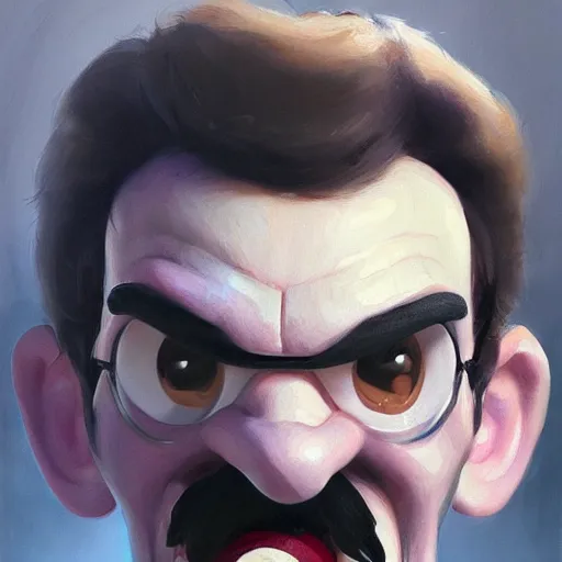 Prompt: portrait painting waluigi, silly, angry, rolling his eyes, painted by greg rutkowski, soft, sharp details, hyper realistic