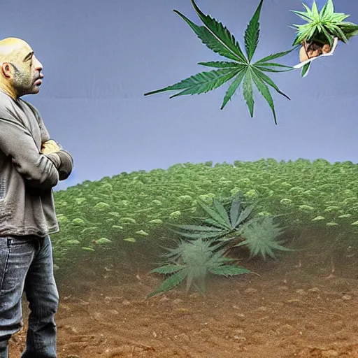 Image similar to insane famous photography of joe rogan talking to lord jesus christ over a bag of weed.