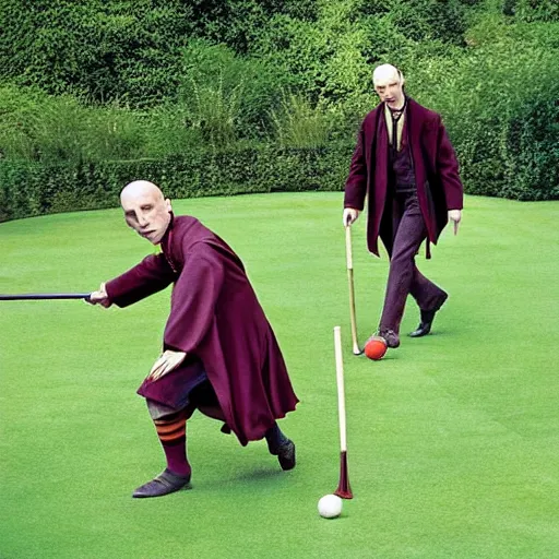 Prompt: Harry Potter and Voldemort play croquet in the garden at hogwarts, imax, movies promotional still