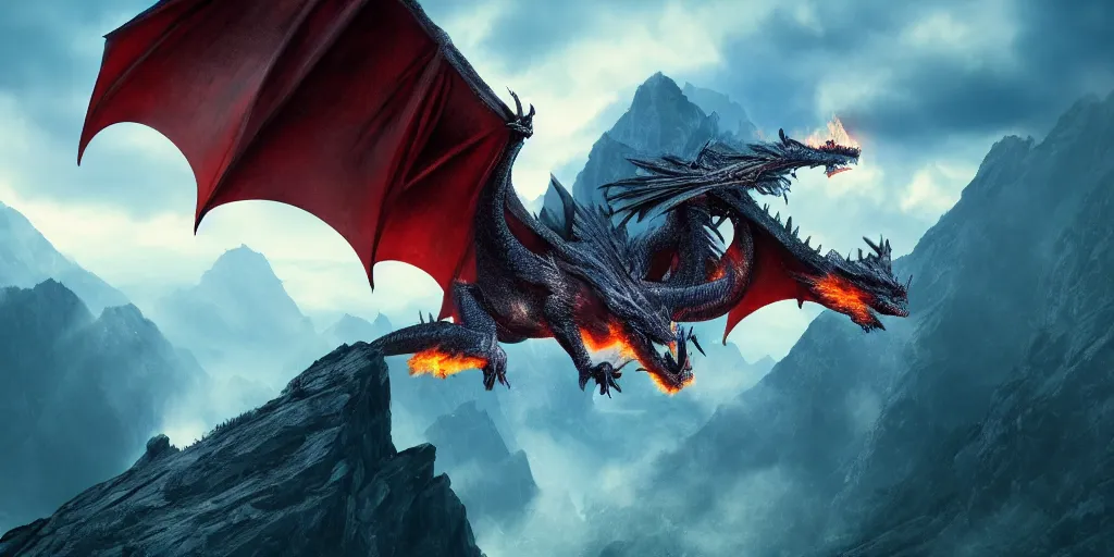 Image similar to A single dragon with half open wings breathing fire on the top of a mountain, epic composition, detailed and intricate image, cinematic, 4K