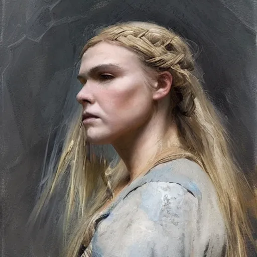 Prompt: Richard Schmid and Jeremy Lipking full length portrait painting of A shield-maiden (Old Norse: skjoldmø [ˈskjɑldˌmɛːz̠]) was a female warrior from Scandinavian folklore and mythology. Shield-maidens are often mentioned in sagas such as Hervarar saga ok Heiðreks and in Gesta Danorum. They also appear in stories of other Germanic peoples: Goths, Cimbri, and Marcomanni.[1] The mythical Valkyries may have been based on such shield-maidens. She carries a shield on one arm, and a spear in her other hand