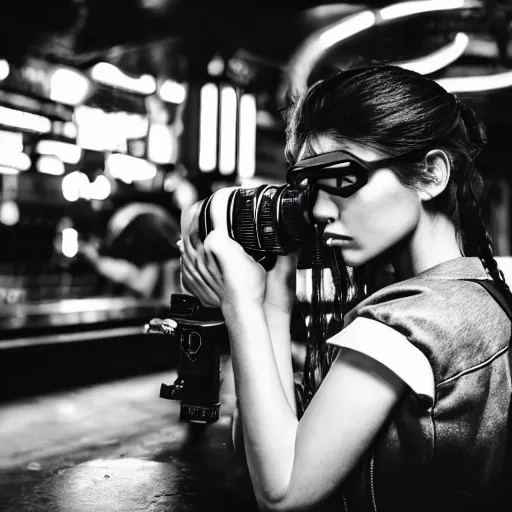 Image similar to photograph of a retro techwear women near the bar of a packed busy rundown nightclub, retrofuturism, brutalism, cyberpunk, sigma 85mm f/1.4, 15mm, 35mm, tilted frame, long exposure, 4k, high resolution, 4k, 8k, hd, wide angle lens, highly detailed, full color, harsh light and shadow