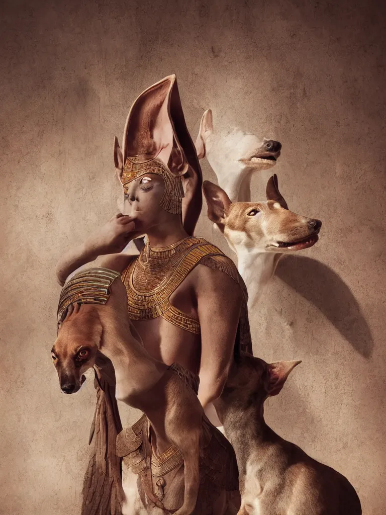 Image similar to photorealistic portrait of a beautiful female ancient Egyptian goddess with Anubis as a whippet, photography by Alessio Albi, 50mm f1.4, bokeh, kodak ektar, painted by Artgerm, rendered in octane