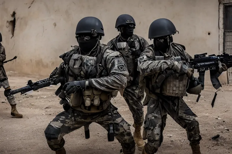 Prompt: Mercenary Special Forces soldiers in grey uniforms with black armored vest and black helmets in urban warfare in Africa 2022, Canon EOS R3, f/1.4, ISO 200, 1/160s, 8K, RAW, unedited, symmetrical balance, in-frame, combat photography