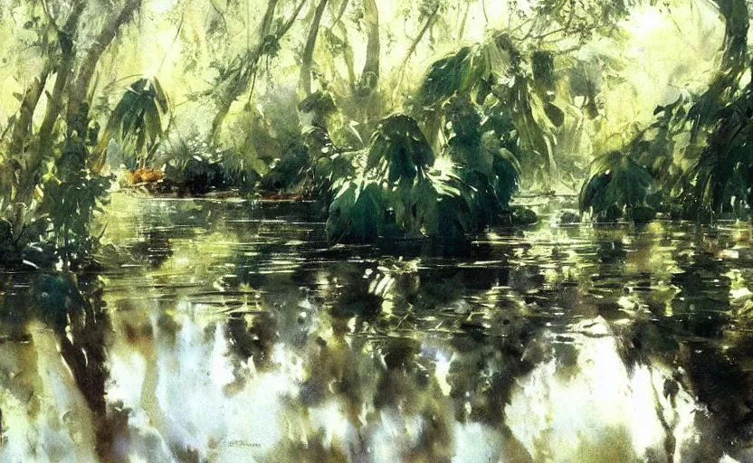 Prompt: oil painting lanscape by anders zorn, jungle nature, fruit trees, very very very very beautiful art, dramatic light, water reflections, aquarelle paint splashes, white canvas border