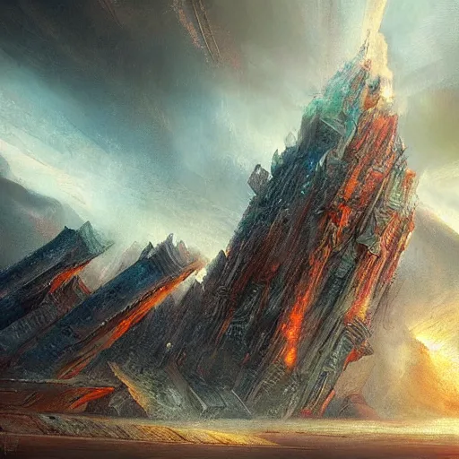 Image similar to skies are burning above an ancient crystal temple glittering, concept art by Daniel Dociu