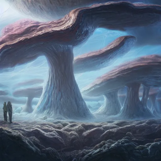 Image similar to eldritch shore scientists take their first steps on a strange alien planet full of mushrooms and other complex fungi, 8 k resolution matte painting trending on artstation an