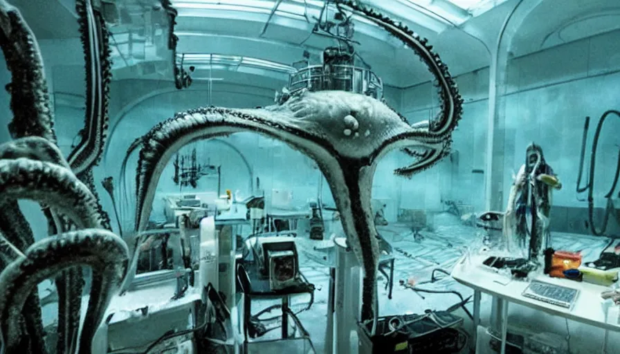 Image similar to Big budget horror movie set in an undersea biolab run by cyborgs, where a giant squid is injected with radioactive serum