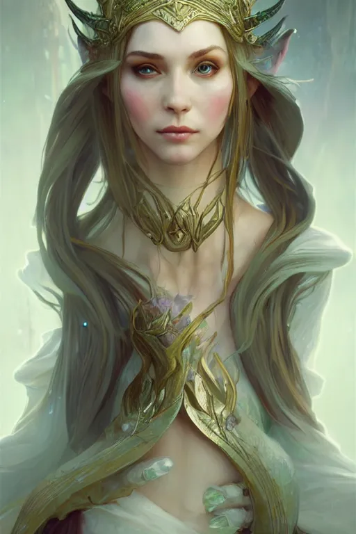 Image similar to beautiful elven princess, accurate anatomy, only two hands, highly detailed, digital painting, artstation, concept art, smooth, sharp focus, illustration, Unreal Engine 5, 8K, art by sakimichan and greg rutkowski and alphonse Mucha