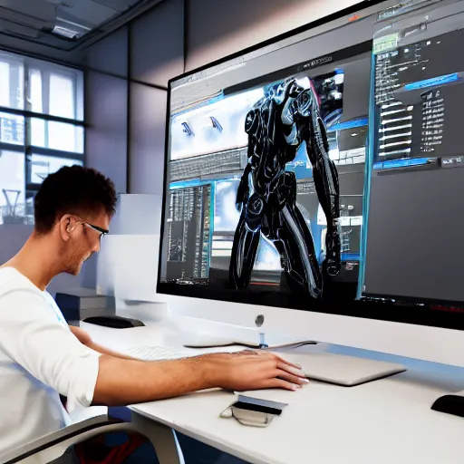 Prompt: a sexy cyborg painting a picture of a website designer sat at a computer desk, 4k, unreal 5