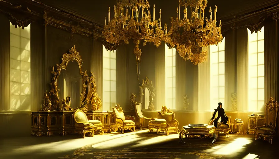 Prompt: rococo interior made from chrome, versailles, light, shadows, reflections, epic composition, intricate, elegant, volumetric lighting, digital painting, highly detailed, artstation, sharp focus, illustration, concept art, ruan jia, steve mccurry