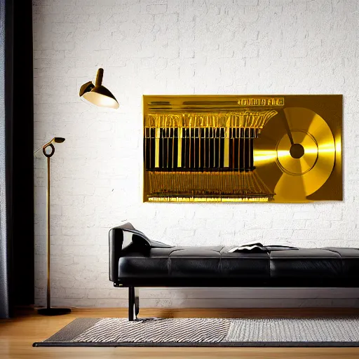 Prompt: piano room with golden vinyl hanging on walls, 8 k, digital art.