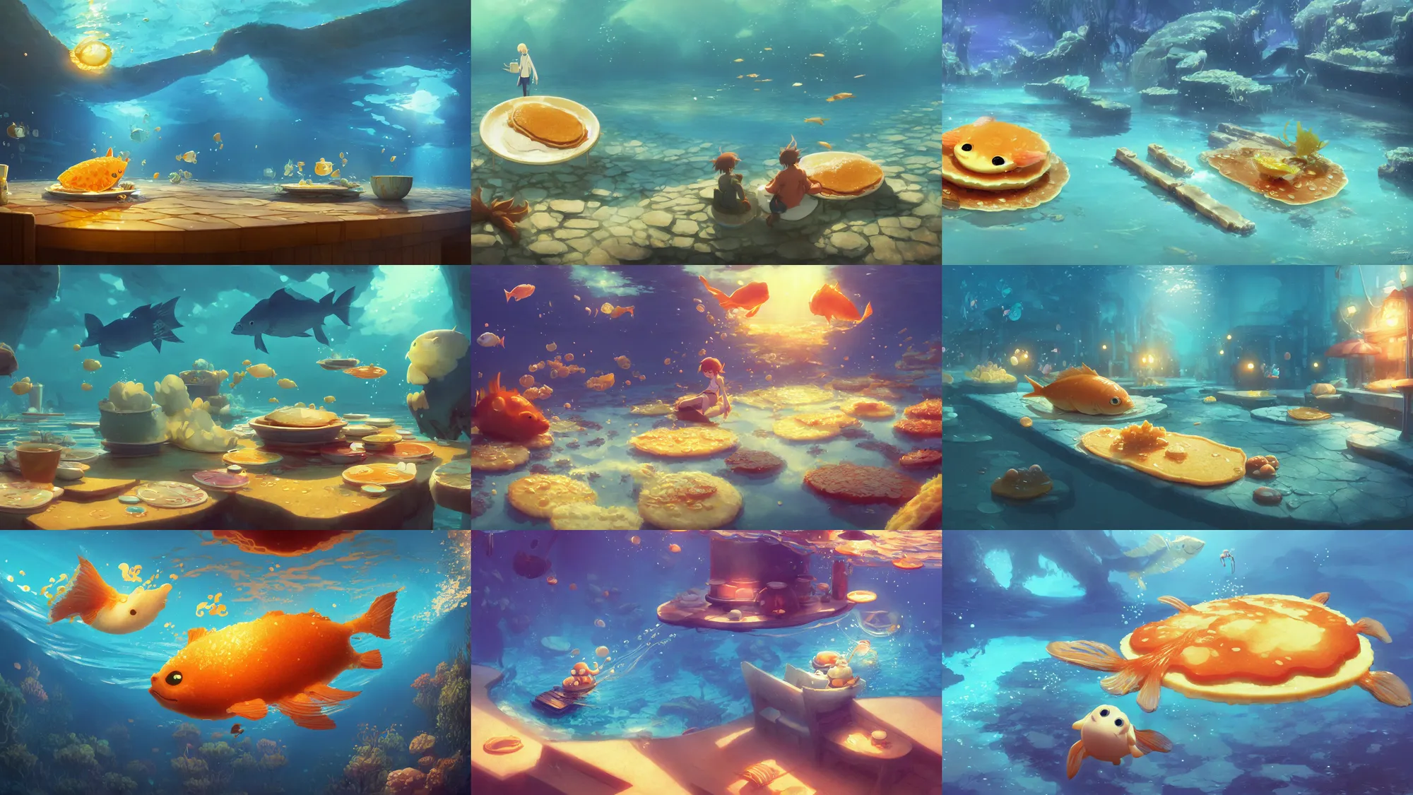 Image similar to digital underwater art of a happy flat pancake fish swimming in syrup, cute, 4 k, fish made of pancake, fantasy food world, living food adorable pancake, vivid atmospheric lighting, by makoto shinkai, studio ghibli, greg rutkowski, ross tran