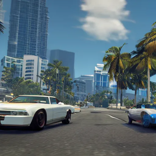 Image similar to screenshot of gameplay of grand theft auto 6 set in miami, raytracing, beautiful, unreal engine