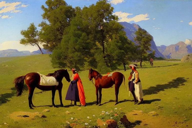 Prompt: scenic mountain meadow with horses and a woman in a long white traditional dress, western oil painting by albert aublet, frederic remington, anna ancher, asher brown durand