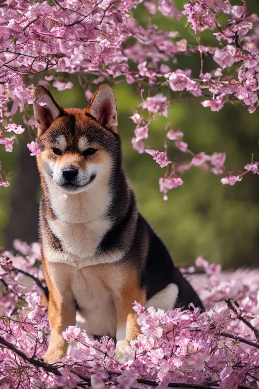 Image similar to shiba inu puppy sits under cherry blossom tree, cinematic light, 8k photography