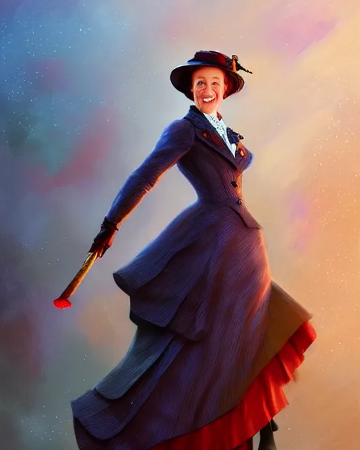 Image similar to Julie Andrews as Mary Poppins smiling and looking to the side, D&D, fantasy, intricate, elegant, highly detailed, digital painting, artstation, concept art, matte, sharp focus, illustration, hearthstone, art by Artgerm and Greg Rutkowski and Alphonse Mucha