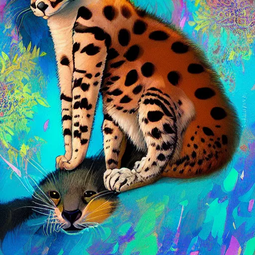 Image similar to serval cat being hugged by a koala, digital illustration portrait design, by android jones and greg rutkowski, retrowave color scheme, detailed, cinematic lighting, wide angle action dynamic portrait